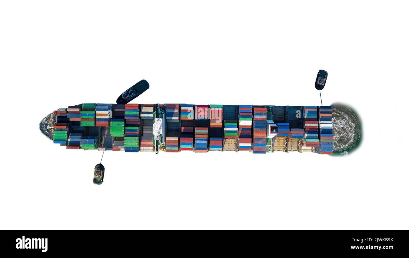 Container Frachtschiff isoliert auf weißem Hintergrund, Freight Transport and Logistic, Shipping Container Frachtschiff für Wassertransportnetz Stockfoto