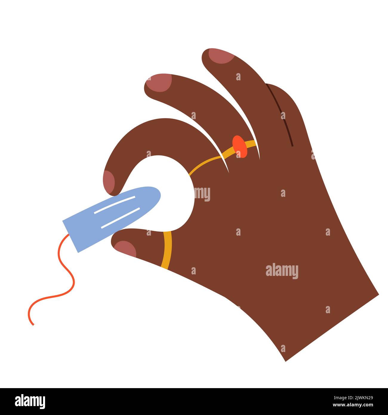 Neuer Tampon in der Hand, Frau in der Hand sauberer Tampon aus Baumwolle für Menstruationszeiten, Hygieneprodukt für Frauenzeiträume, handgezeichneter Vektor Stock Vektor