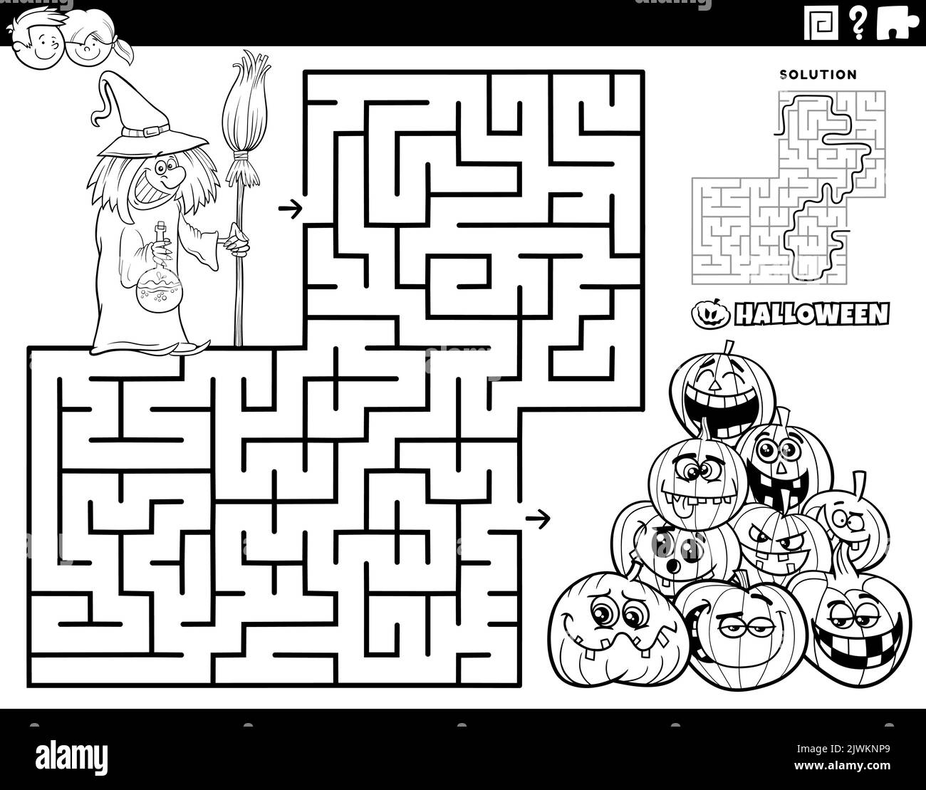 Schwarz-Weiß-Cartoon-Illustration der pädagogischen Labyrinth Puzzle-Spiel mit Hexe und Jack o'Laterne Kürbisse auf Halloween Zeit Färbung Seite Stock Vektor