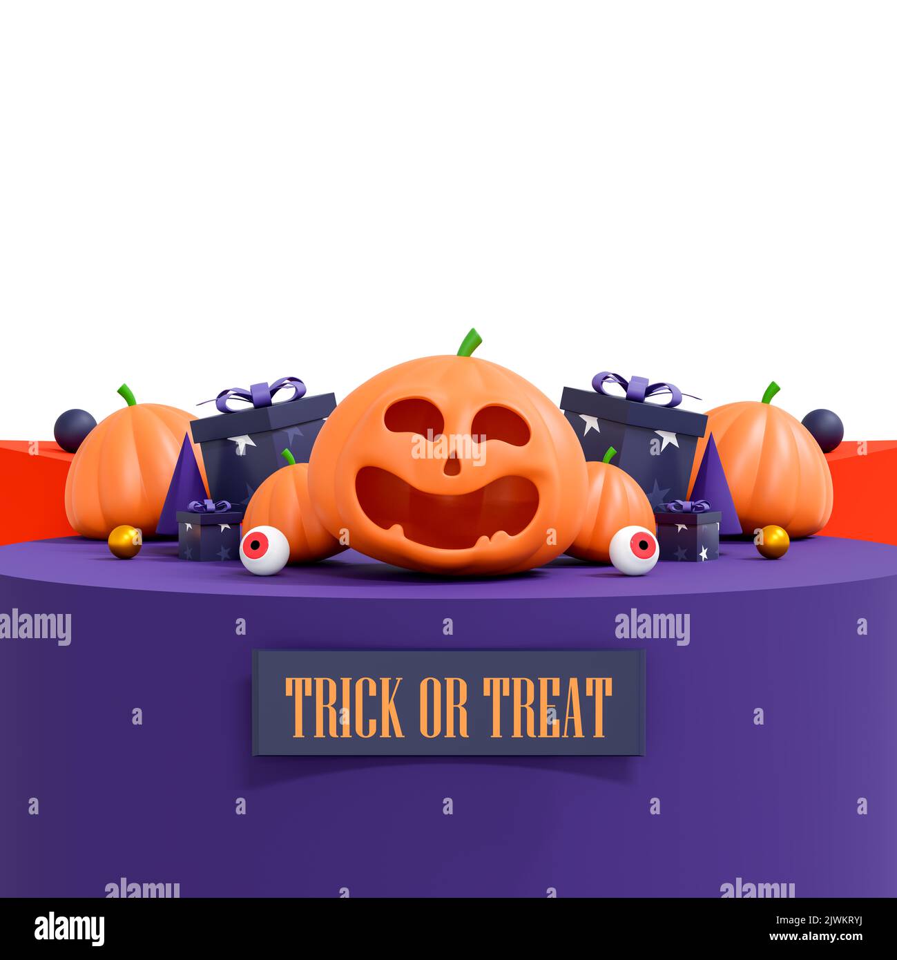 halloween Kürbisse auf weißem Hintergrund für Grußkarte, Banner, Poster, Blog, Artikel, Social Media, Marketing. 3D-Illustration Stockfoto