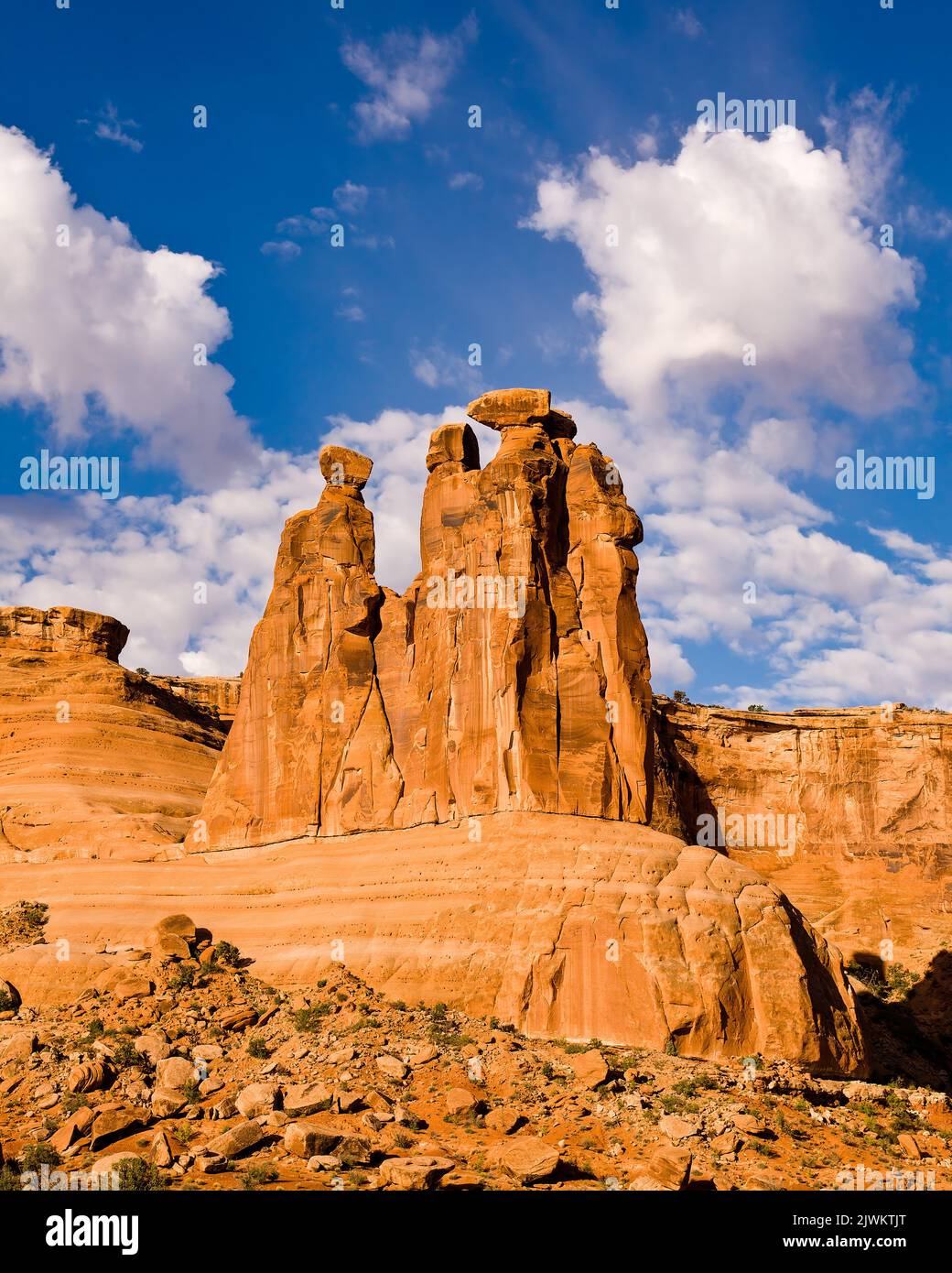 Die drei Gerüchte sind Entrada Sandstein-Hoodoos im Gerichtsgebäude-Turm-Abschnitt des Arches National Park, Moab, Utah. Stockfoto