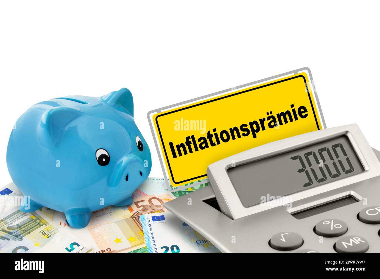 Inflationsprämie 3000 Euro und blaues Sparschwein mit Rechner Stockfoto