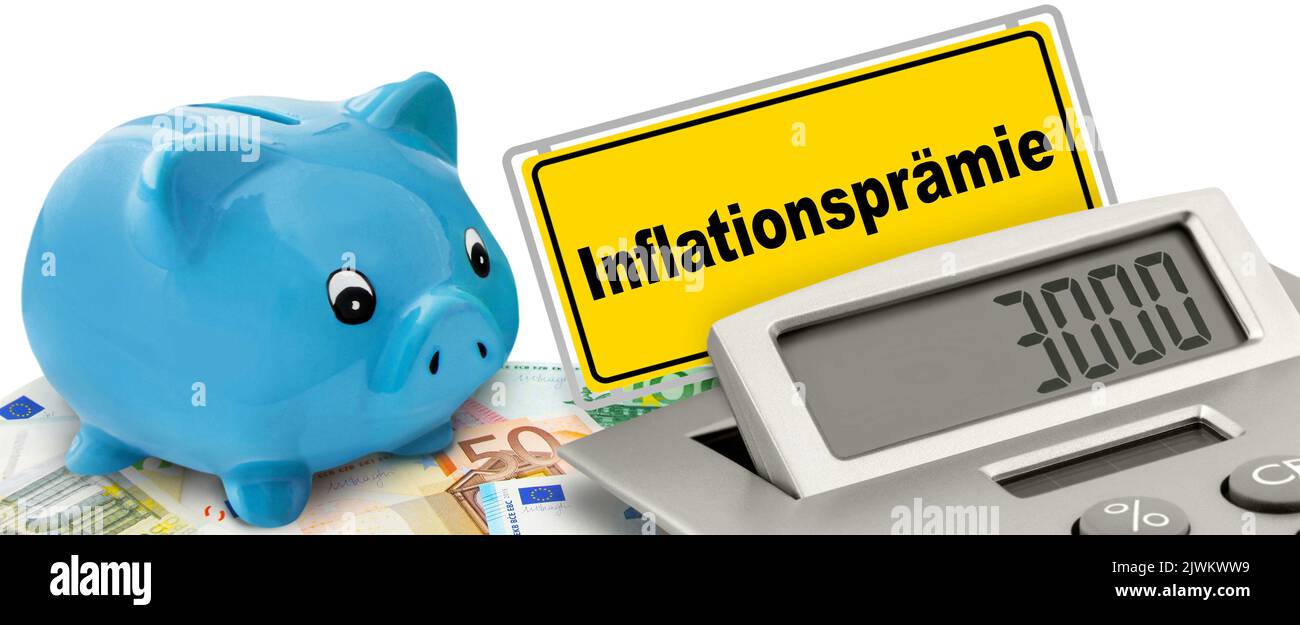 Inflationsprämie 3000 Euro und blaues Sparschwein mit Rechner Stockfoto