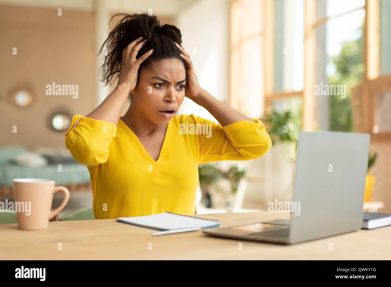Oh nein, schockierendes Business News Konzept. Emotionale afroamerikanische Geschäftsfrau, die auf den Laptop schaut und den Kopf berührt Stockfoto