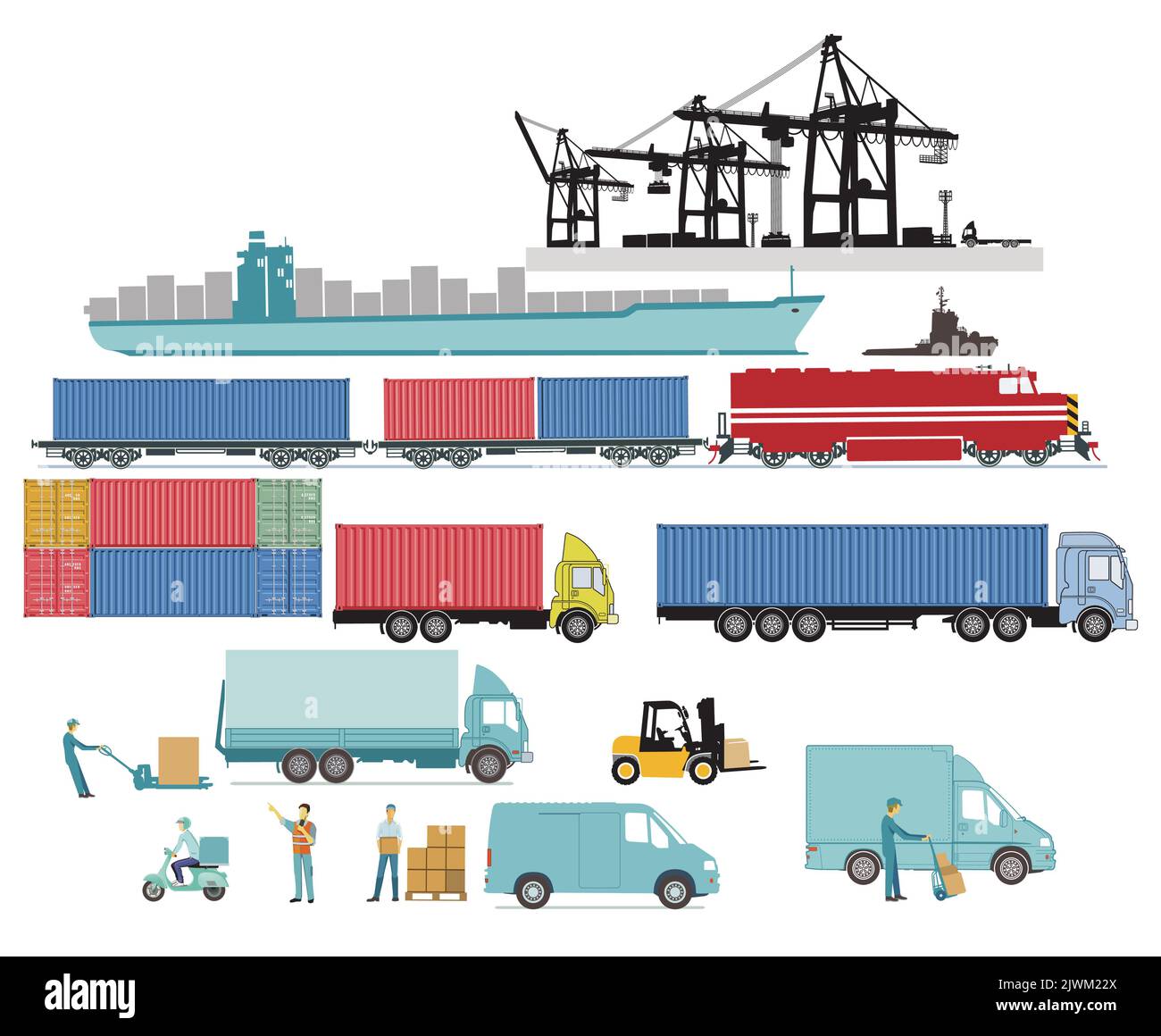 Logistik und Versand, Containertransport, Illustration Stock Vektor
