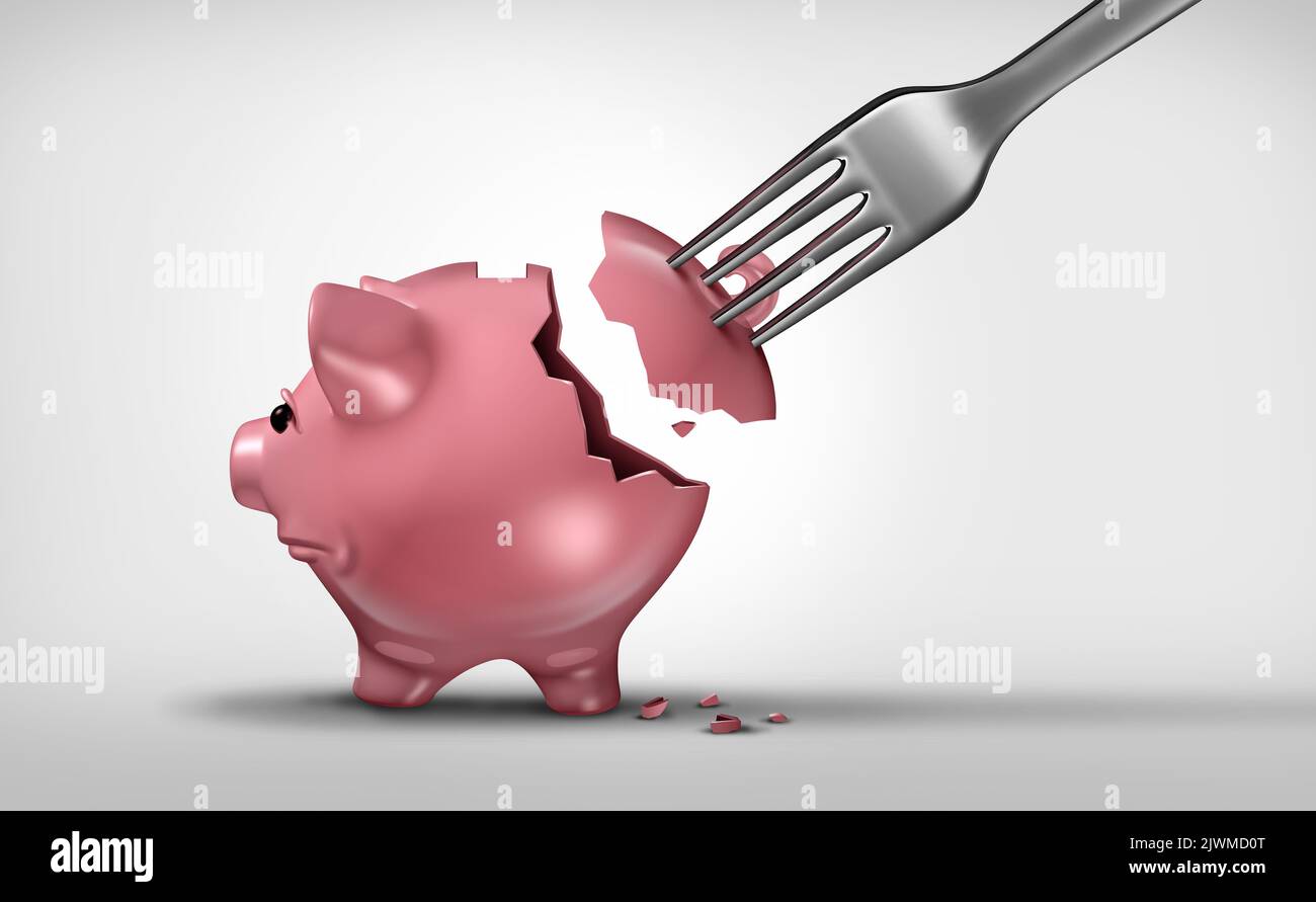 Das Sparkonzept oder das Budget- und Budgetierungssymbol als Sparschwein mit einer Gabel, die einen Teil der Investition abnimmt, wird mit einem Biss versehen. Stockfoto