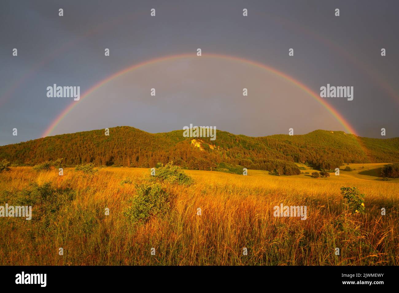 Regenbogen über der Velka Fatra in der Region Turiec, Slowakei. Stockfoto