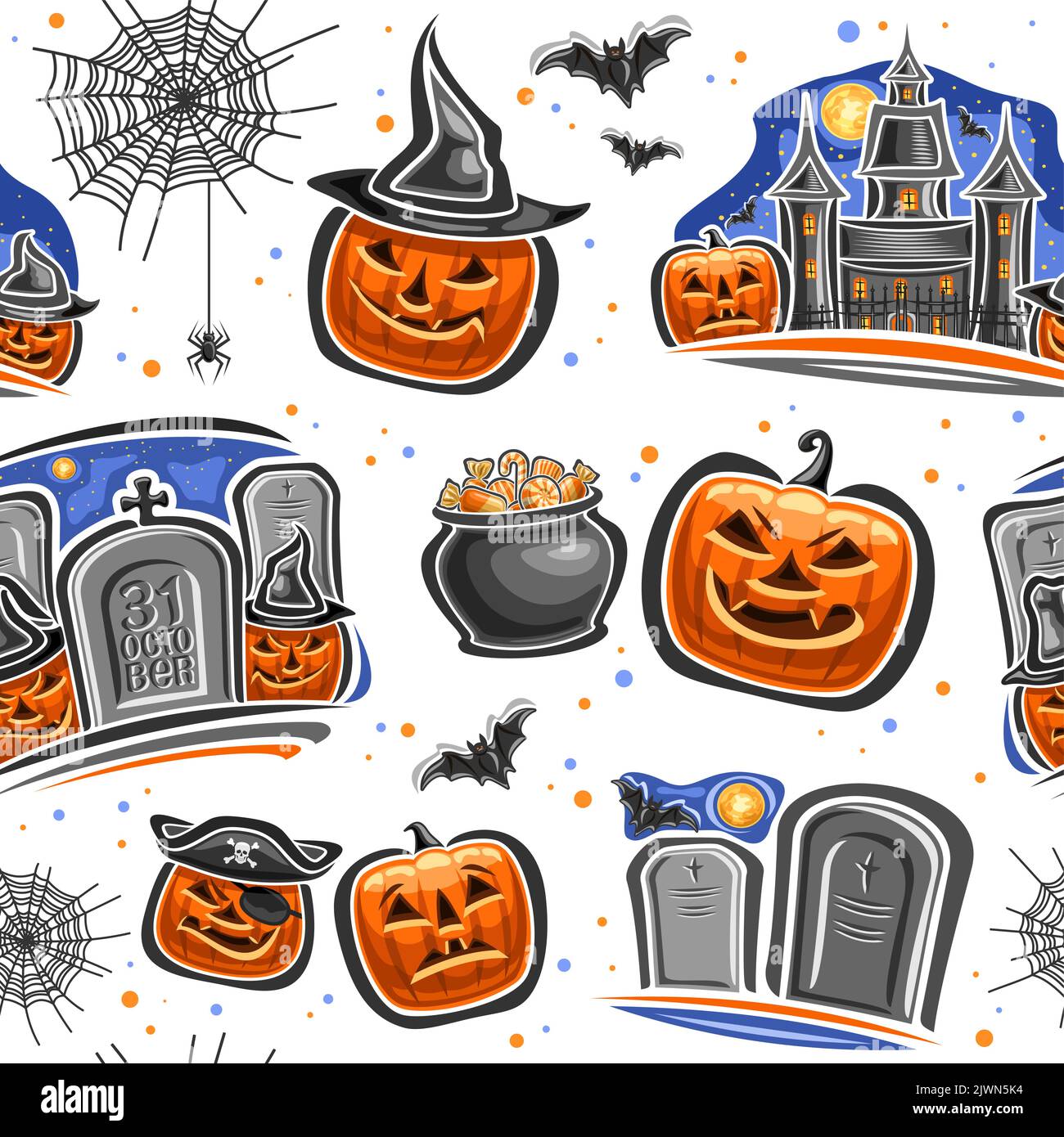 Vektor Halloween nahtlose Muster, wiederholenden Hintergrund mit ausgeschnittenen Illustrationen von verschiedenen orangen halloween Jack-o-Laternen in Hut, fliegende Fledermäuse und Stock Vektor