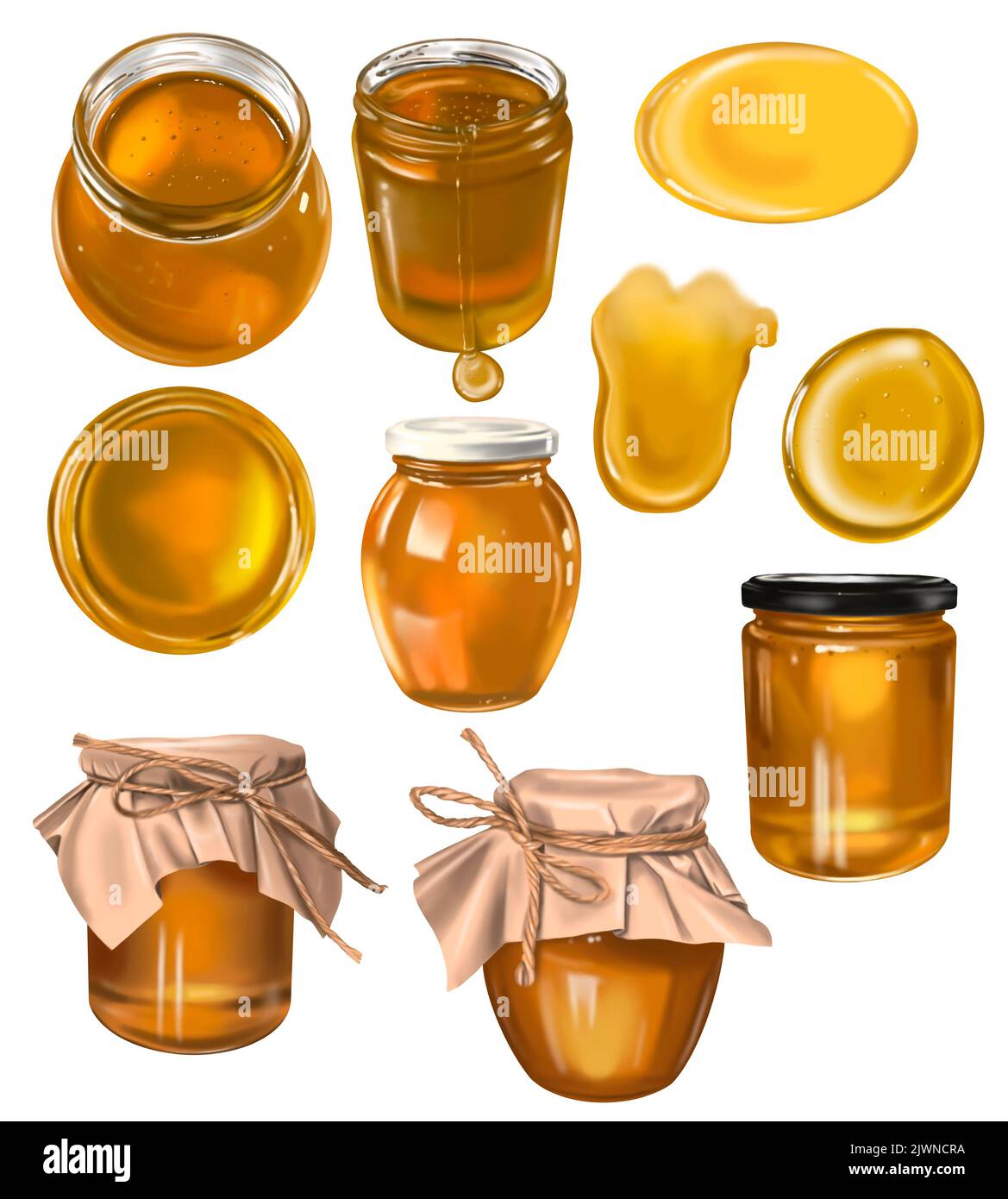 Aquarellsatz. Honig, Bienen, Wildblumen, Honiglöffel, Honiggläser. Illustration der Honigsammlung Stockfoto