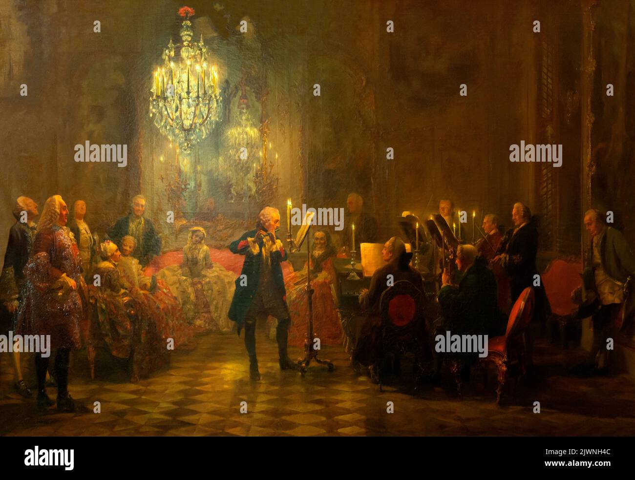 Friedrich der große spielt die Flöte in Sanssouci, das Flötenkonzert Friedrichs des Großen, Adolph Menzel, 1852, Alte Nationalgalerie, Kunst, Berlin, Stockfoto