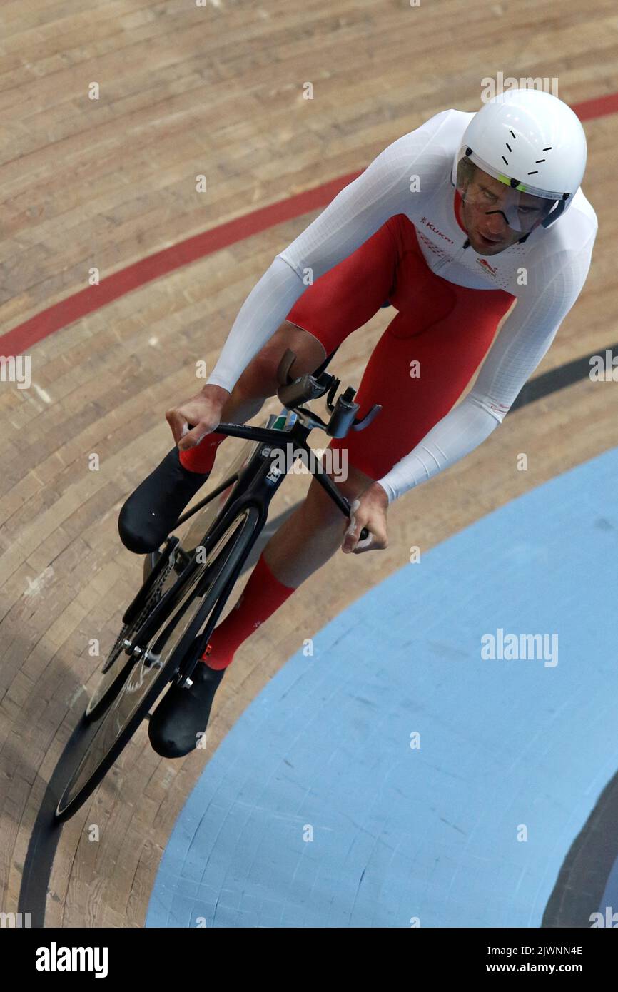 William PERRETT aus England bei den Einzeljagd-Radrennen der Männer 4000m bei den Commonwealth-Spielen 2022 im Velodrome, Queen Elizabeth Olympic Park, London. Stockfoto