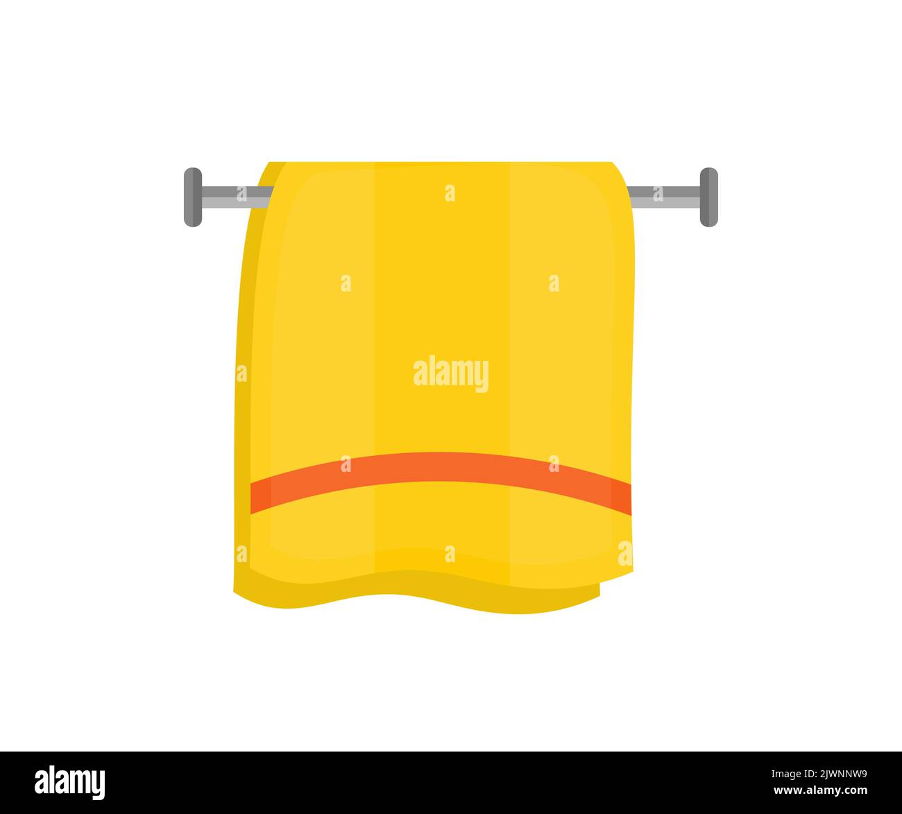 Badetuch, flaches Illustration Logo-Design. Gelbes flauschiges Badetuch an der Wand. Handtuchbad für Hygiene, Badtextilien Vektor-Design. Stock Vektor