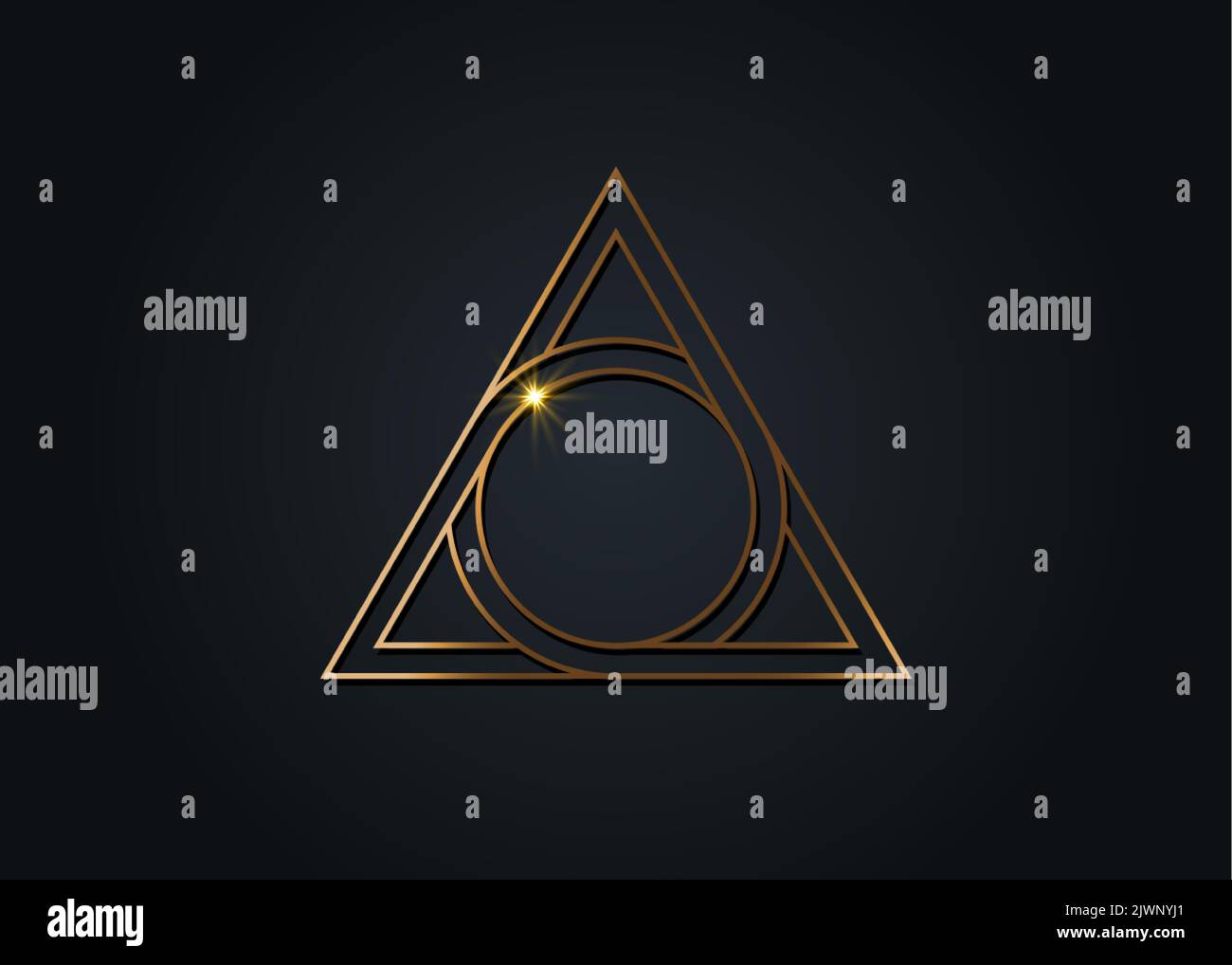 Buchstabe A und Buchstabe O, goldenes Logodesign, heilige geometrische Figur eines Kreises, eingeschrieben in ein Dreieck, Goldvektor mythologisches Symbol rundes Zeichen Stock Vektor