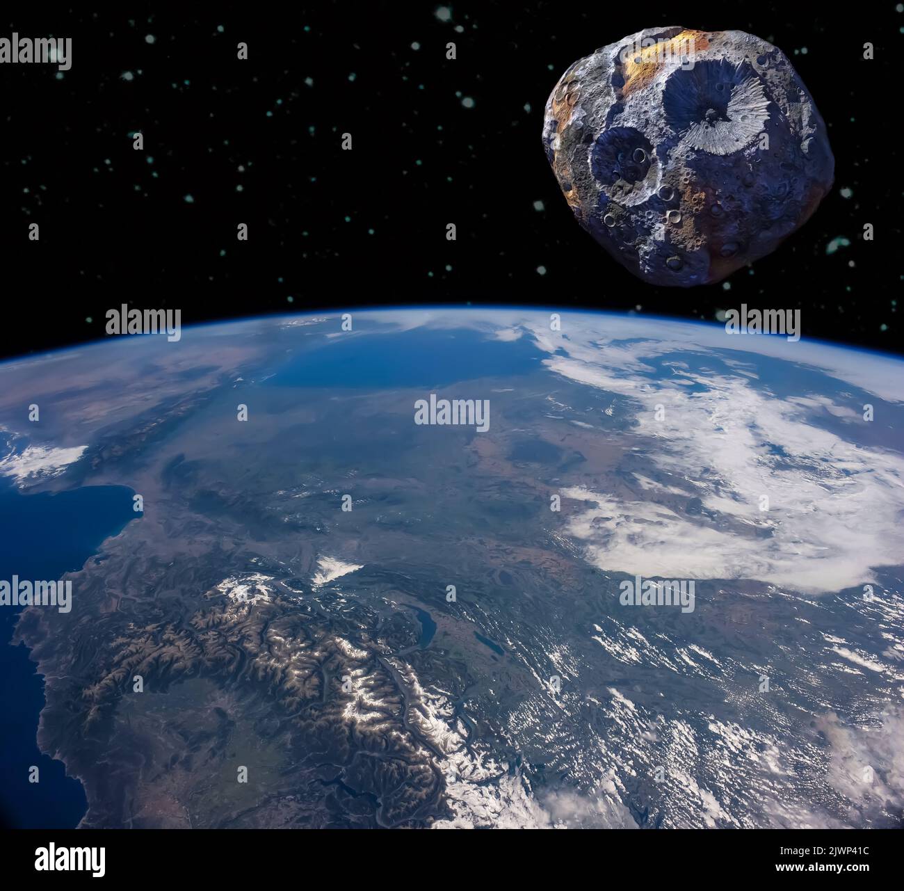 Ein Astroid und Planet Erde im All. Elemente des Bildes, die von der NASA eingerichtet wurden. Stockfoto