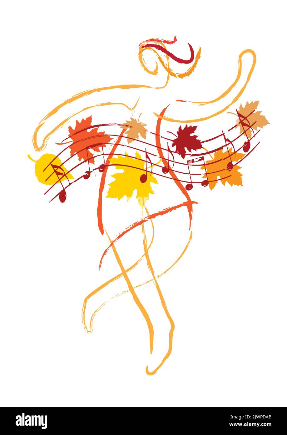 Herbst Tanz, schöne tanzende Mädchen. Ausdrucksstarke, stilisierte Linienkunst-Illustration einer tanzenden jungen Frau mit welligen Musiknoten und Herbstblättern. Stock Vektor