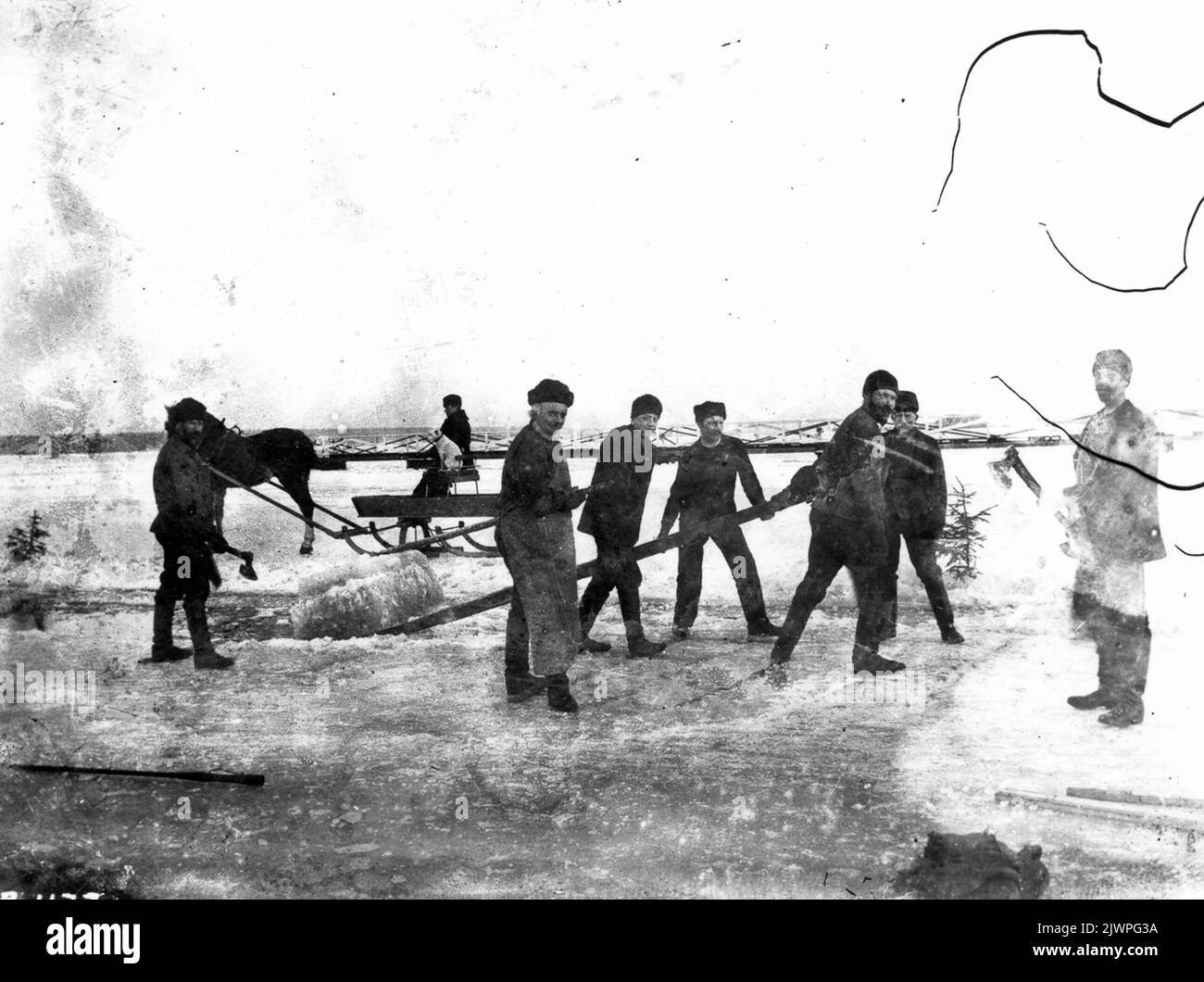 Eisaufnahme. Sieben Männer nehmen Eis auf, ein Mann auf dem Pferdeschlitten im Hintergrund. Isupptagning. SJU män tar upp is, en man på hästdragen släde i bakgrund. Stockfoto