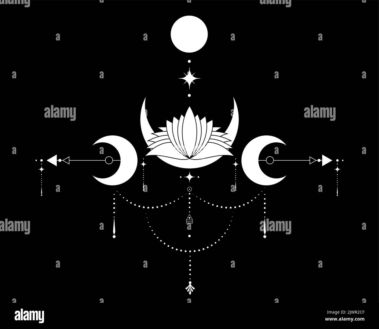 Dreifacher Mond, Heilige Geometrie, mystische Pfeile und Halbmond, sakrale Lotusblume, gepunktete Linien im Boho-Stil, Wiccan-Ikone, Alchemie-Mystik-Esoterik Stock Vektor