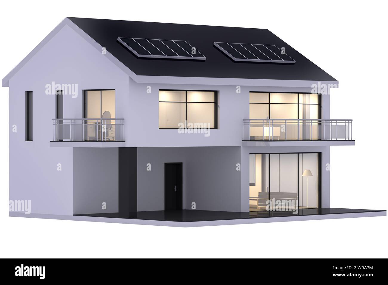 3D Rendering des Hauses in der Nacht mit den Lichtern eingeschaltet isoliert auf weißem Hintergrund Stockfoto
