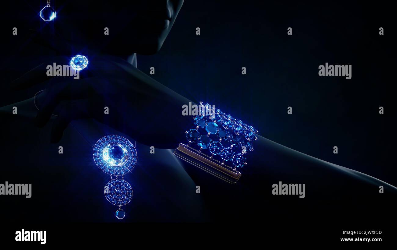 bijouterie Set - goldener Kragenring Armband und Ohrring mit blauen Edelsteinen, fiktiv - Objekt 3D Rendering Stockfoto