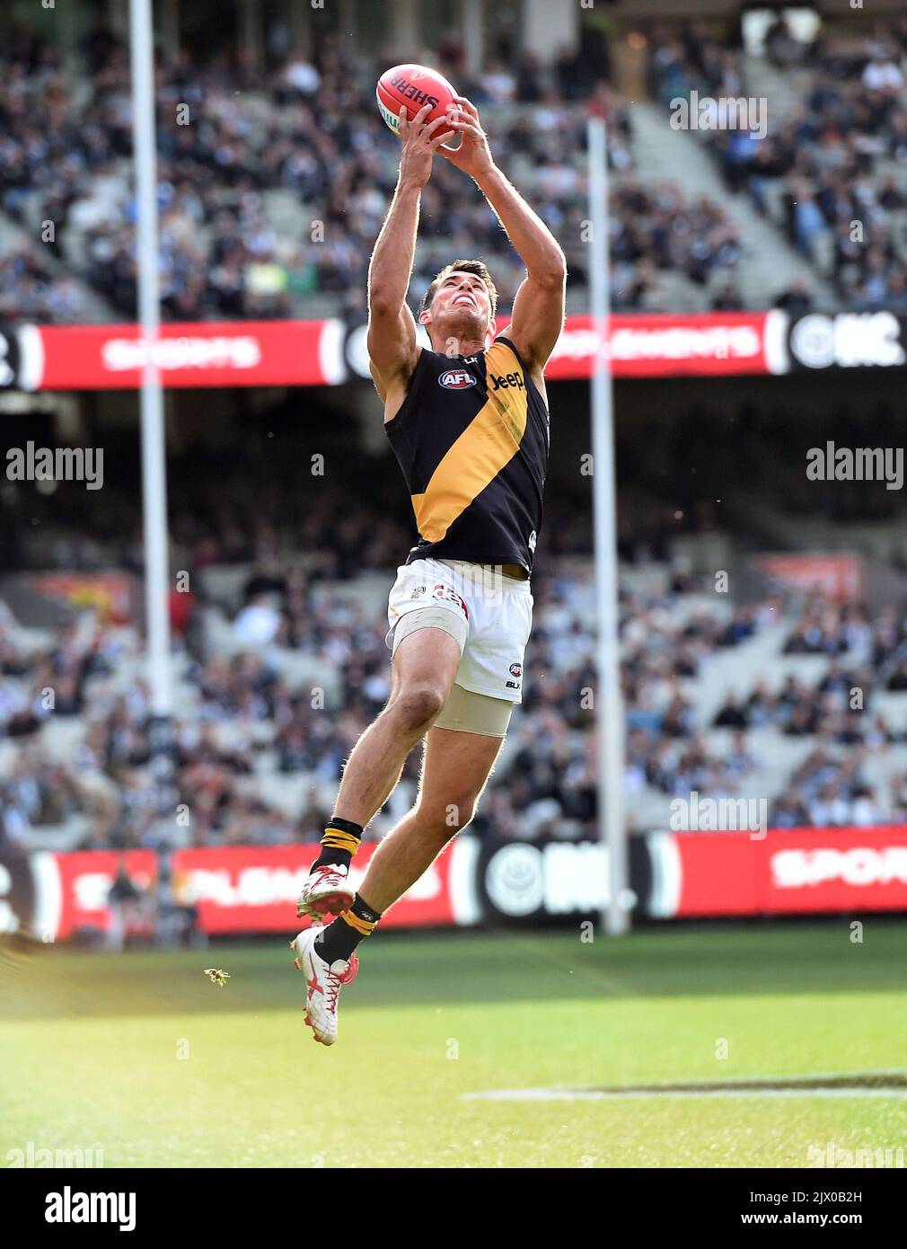 Alex Rance, Spieler der Richmond Tigers, markiert in der 21. Runde der AFL beim MCG in Melbourne, Samstag, 22. August 2015, gegen die Collingwood Magpies. (AAP-Bild/Julian Smith) Stockfoto