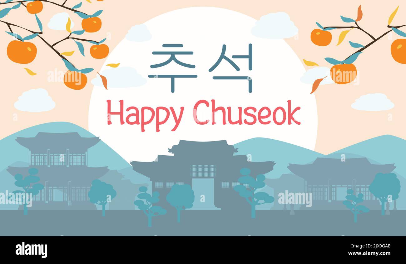Fröhliches chuseok-Festplakat. Banner des traditionellen koreanischen Erntefestes Hangawi Mitte Herbst. Landlandschaft mit Kaki-Baum und Hanok-Haus. Ve Stock Vektor
