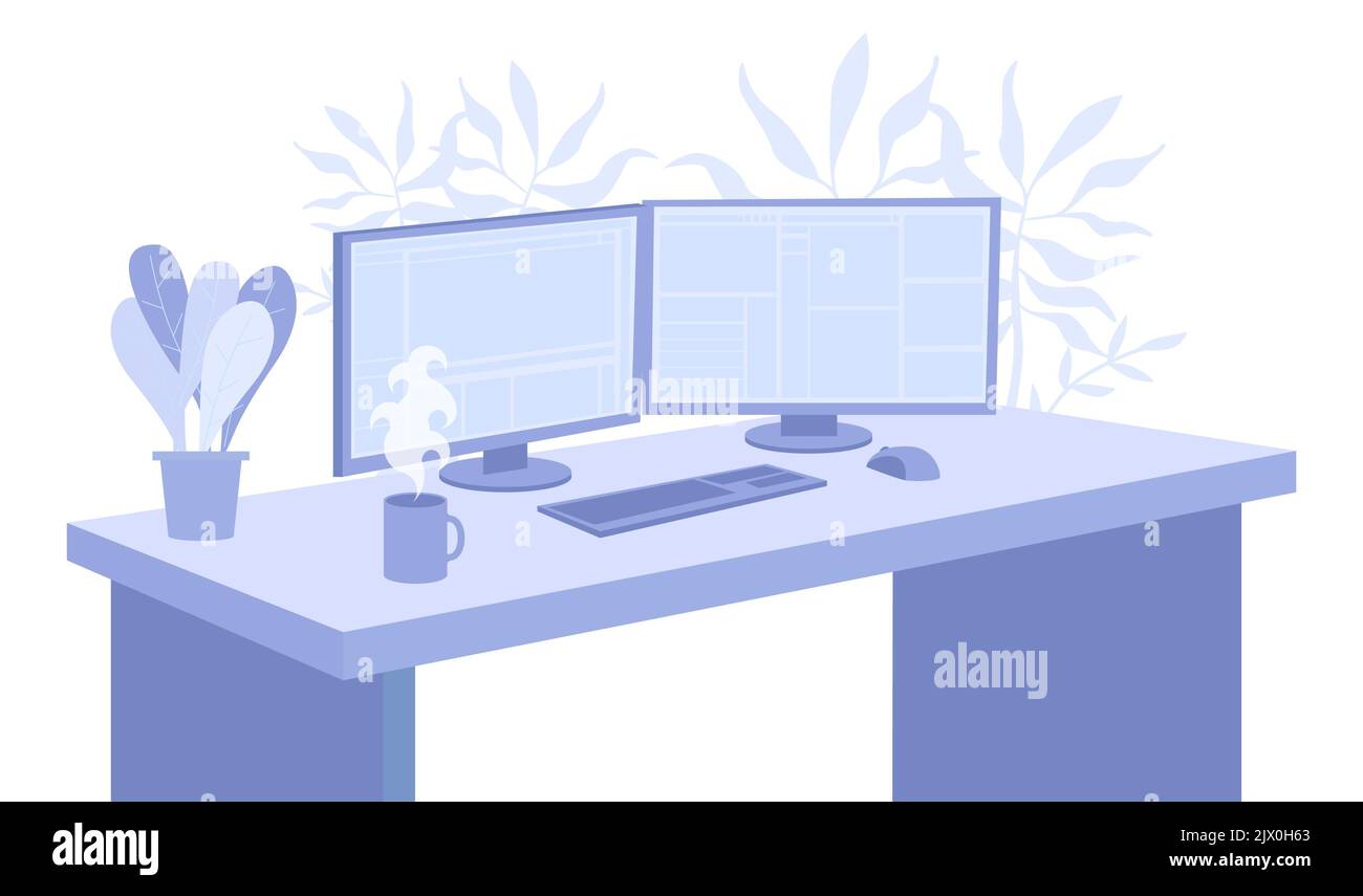 Leerer Bürostuhl, Schreibtisch mit Desktop-Computer. Büroarbeitsplatz mit Kaffeetasse, Ausstattung, zwei Monitoren, Tastatur, Maus. Business worksp Stock Vektor