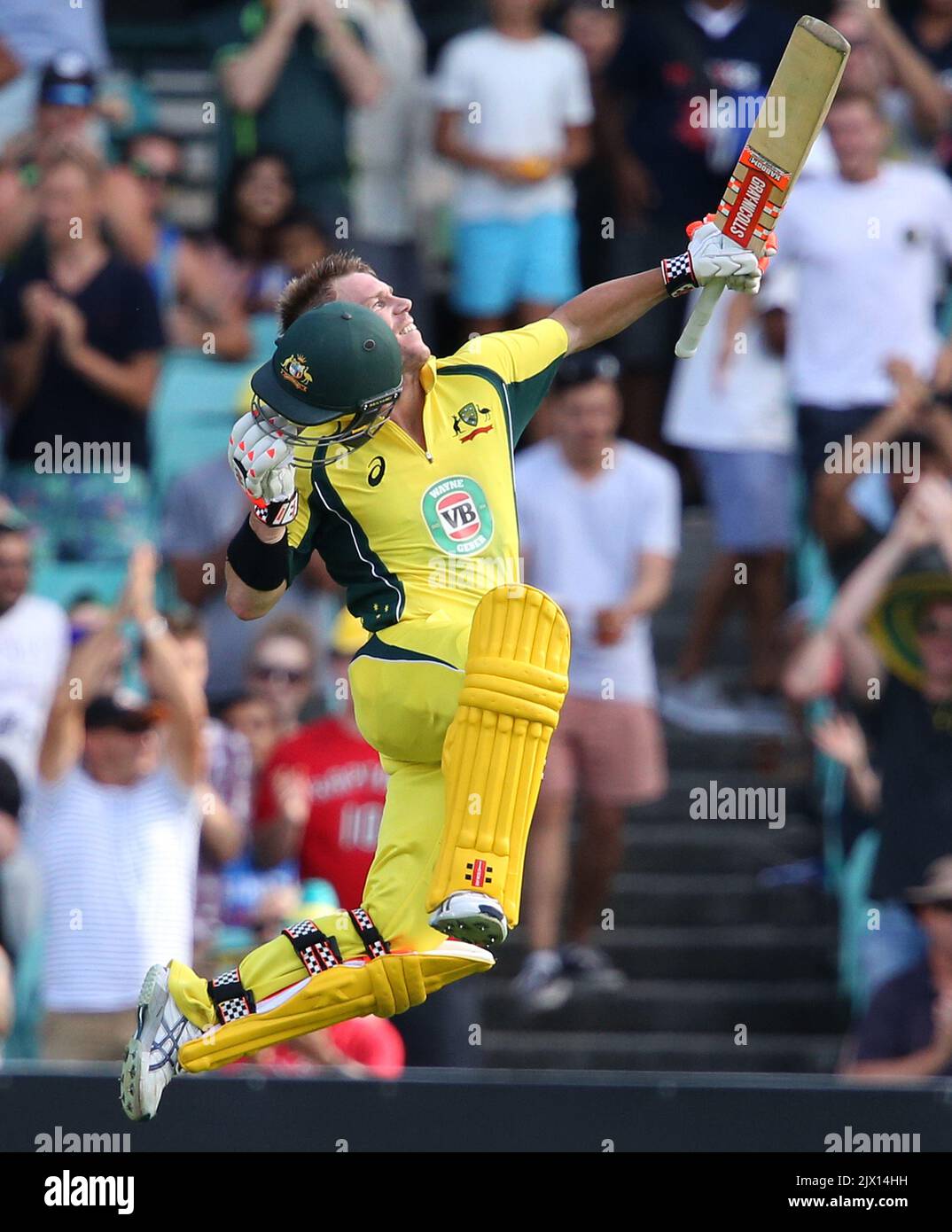 Der australische David Warner springt in die Luft, während er seine 100 Läufe während des fünften One Day International zwischen Australien und Indien beim SCG in Sydney, Australien, Samstag, 23. Januar 2016 feiert. (AAP IMAGE/DAVID MOIR) KEINE ARCHIVIERUNG, NUR REDAKTIONELLE VERWENDUNG, BILDER NUR FÜR NACHRICHTENBERICHTERSTATTUNG, KEINE KOMMERZIELLE VERWENDUNG, KEINE VERWENDUNG IN BÜCHERN OHNE VORHERIGE SCHRIFTLICHE ZUSTIMMUNG VON AAP ** NUR FÜR REDAKTIONELLE ZWECKE, KEINE KOMMERZIELLE VERWENDUNG, KEINE BÜCHER ** Stockfoto