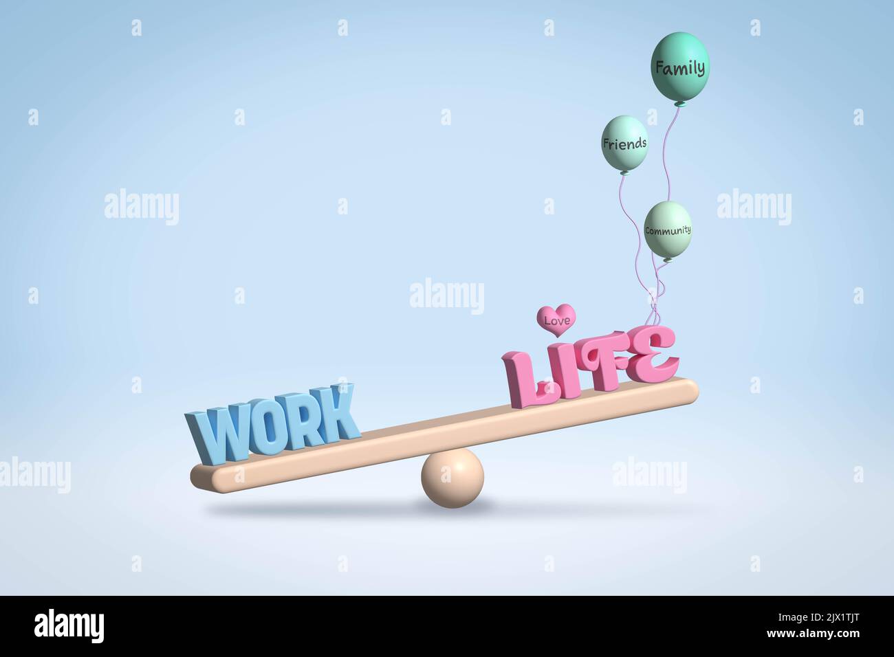 Work-Life-Balance-Konzept, Leben, Liebe Familie Gemeinschaft Ballons heben das Leben über die Arbeit, 3D Illustration Stockfoto