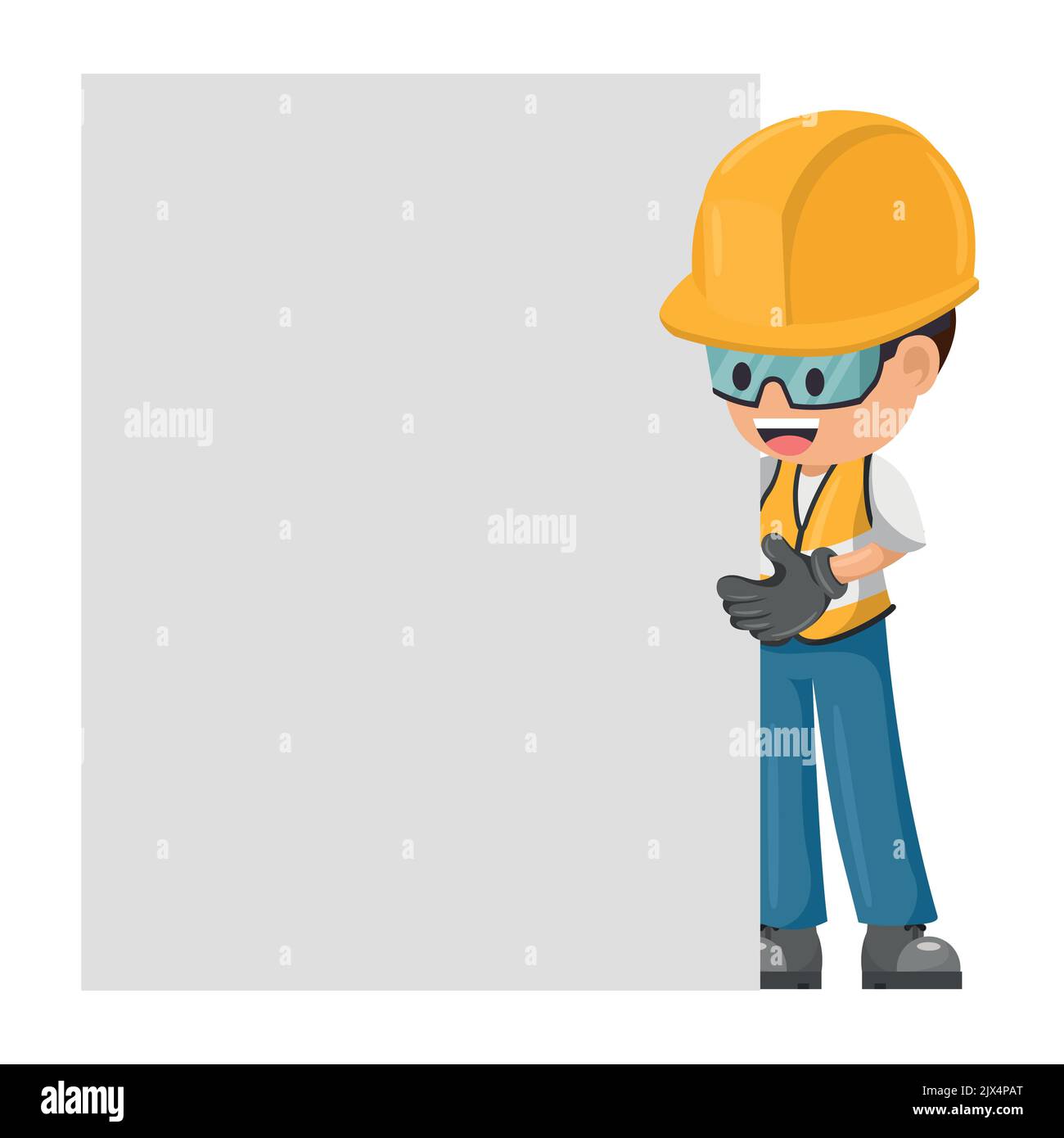 Bauarbeiter mit einem Schild mit Platz für Text. Arbeitsschutz und Arbeitsschutz am Arbeitsplatz Stock Vektor