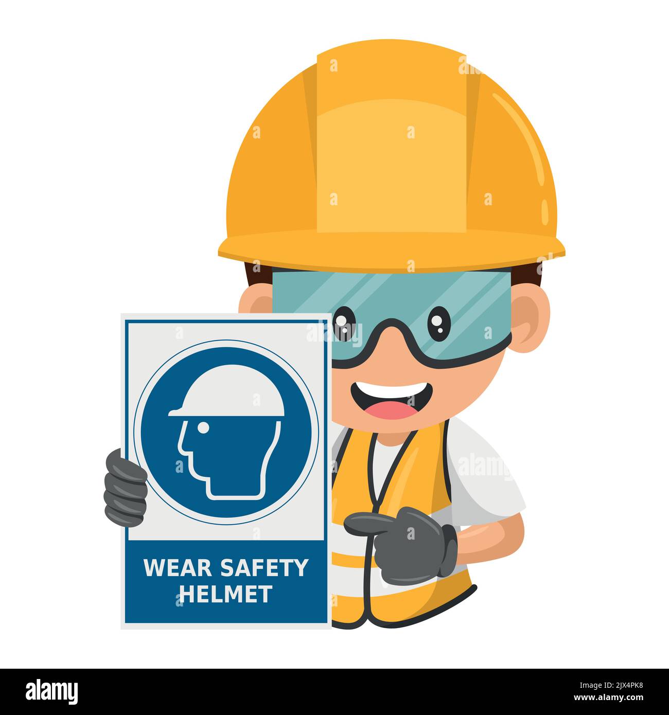 Bauarbeiter in der Industrie mit Warnzeichen für die obligatorische Verwendung des Schutzhelms. Arbeitsschutz und Arbeitsschutz am Arbeitsplatz Stock Vektor