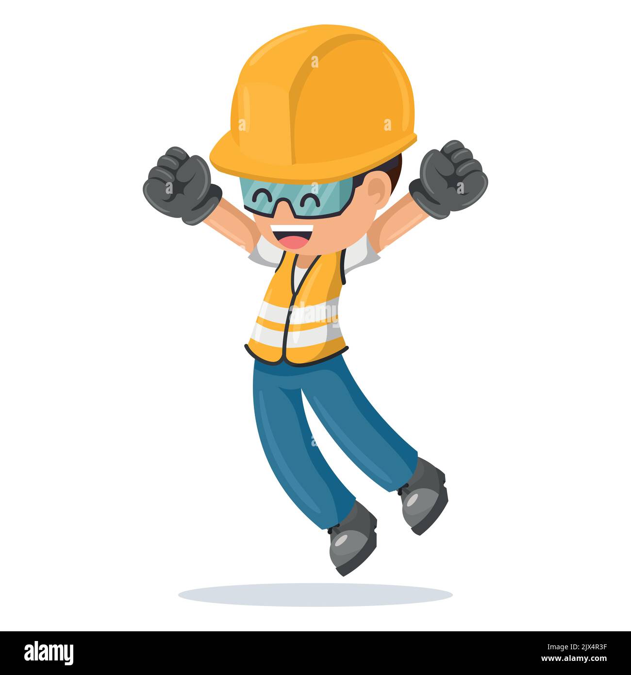 Industriebauarbeiter springen glücklich in seine persönliche Schutzausrüstung. Arbeitsschutz und Arbeitsschutz am Arbeitsplatz Stock Vektor