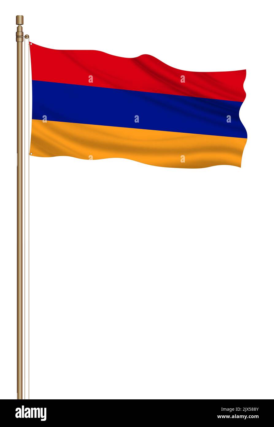 3D Flagge Armeniens auf einer Säule, isoliert auf weißem Grund weggeblasen. Stockfoto