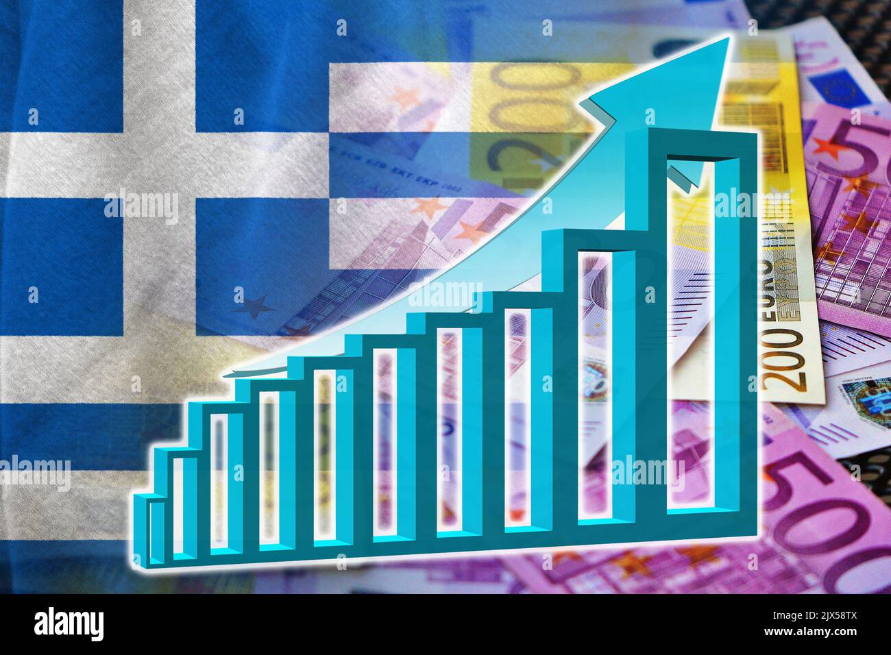 Wirtschaftsdiagramm: Steigender Pfeil, Bargeldscheine und Griechenland-Flagge (Geld, Wirtschaft, Unternehmen, Finanzen, Krise) Stockfoto