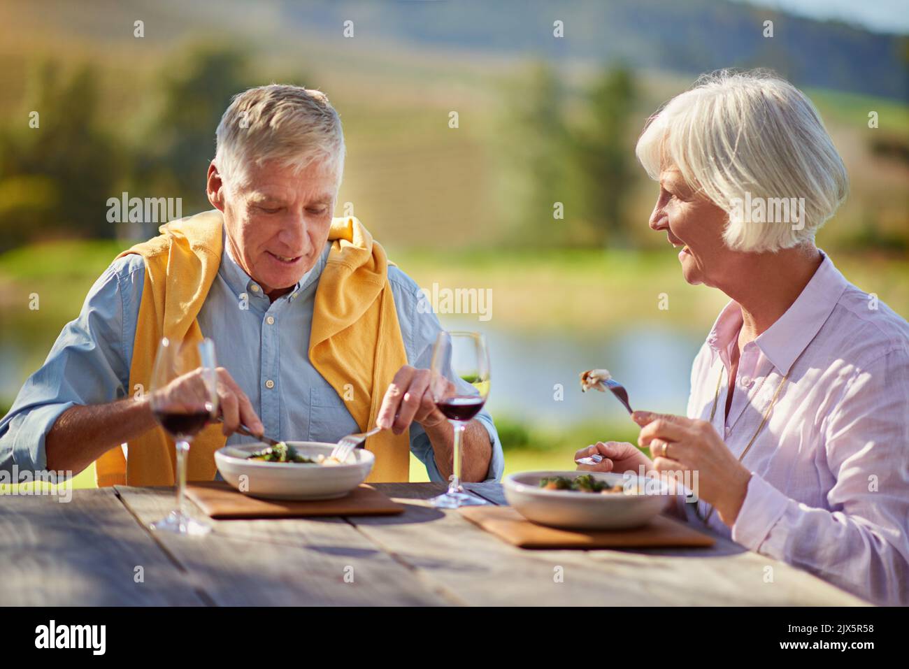 Die perfekte Kombination aus Wein. Ein Seniorenpaar trinkt Wein, während Sie eine Mahlzeit im Freien genießen. Stockfoto
