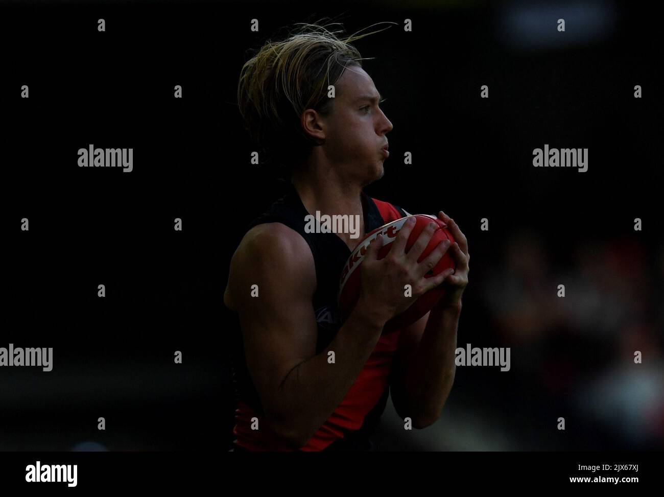 Darcy Parish of the Bombers fängt beim AFL-Spiel der Runde 9 zwischen den Essendon Bombers und den West Coast Eagles am Sonntag, den 21. Mai 2017 im Etihad Stadium in Melbourne. (AAP-Bild/Tracey Nearmy) Stockfoto