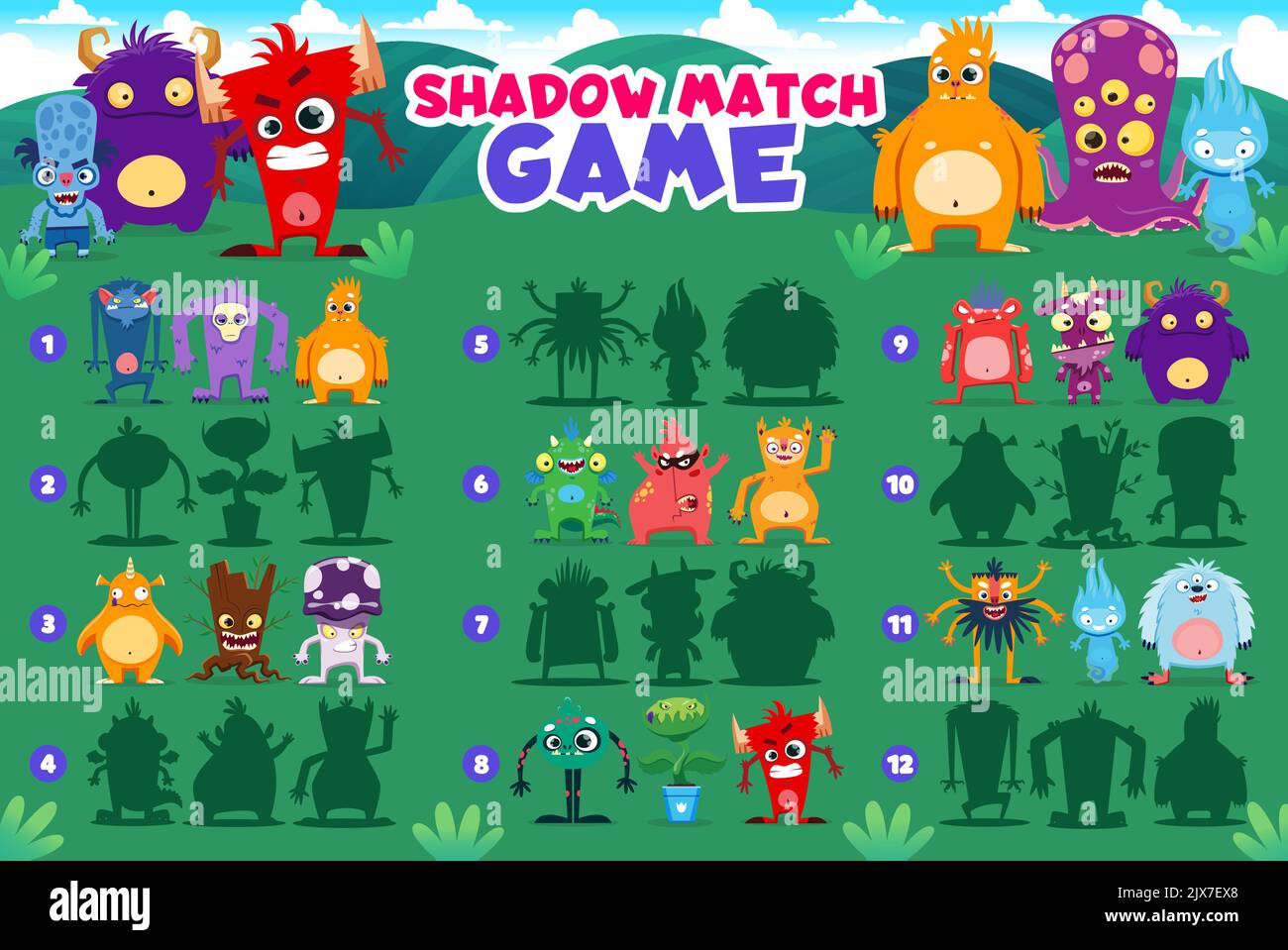 Shadow Match-Spiel. Cartoon Monster Charaktere. Child Shadow Match Game oder Quiz Vektor Arbeitsblatt mit Zombie, fremden Oktopus und lustige Yeti, wütenden Teufel, Fantasy-Drachen und Flamme Geist niedlichen Persönlichkeiten Stock Vektor