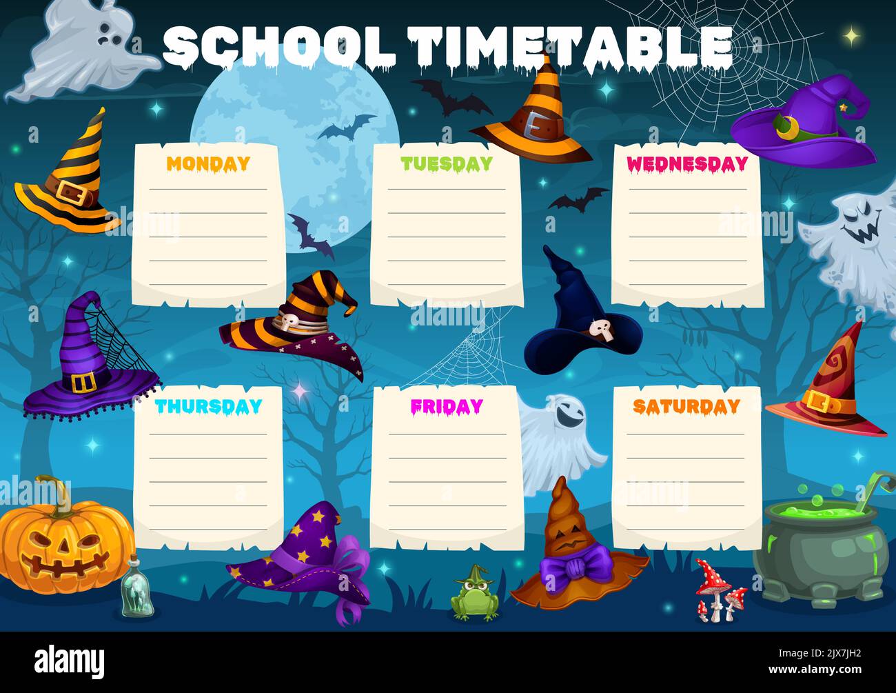 Zeitplan. Halloween Hexenhüte. Kinder lernen Tagesplaner oder ...