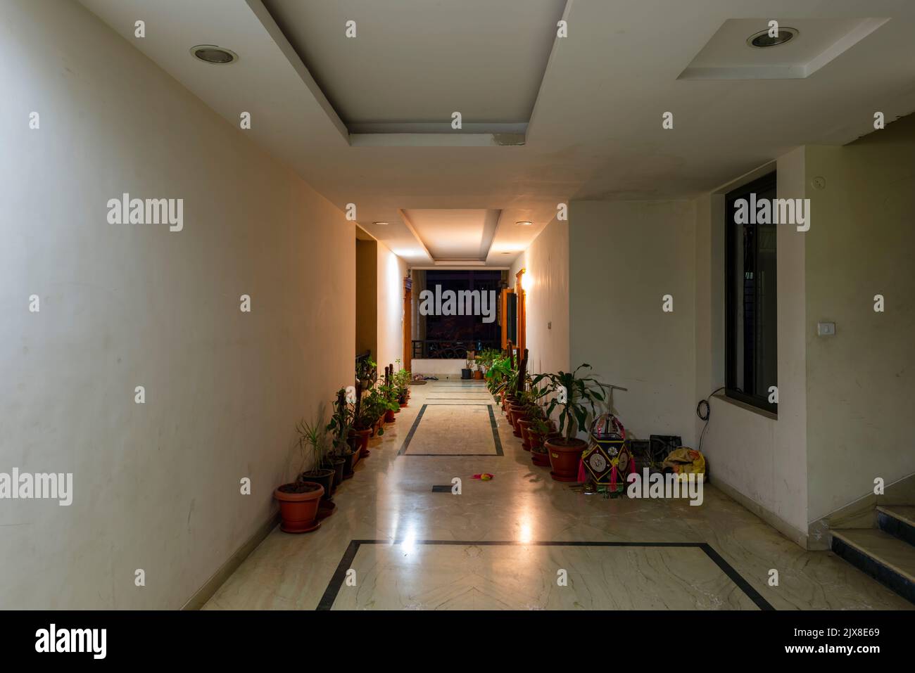Ein Flur einer Wohnung mit Pflanztöpfen, beleuchtet am Abend. Stockfoto