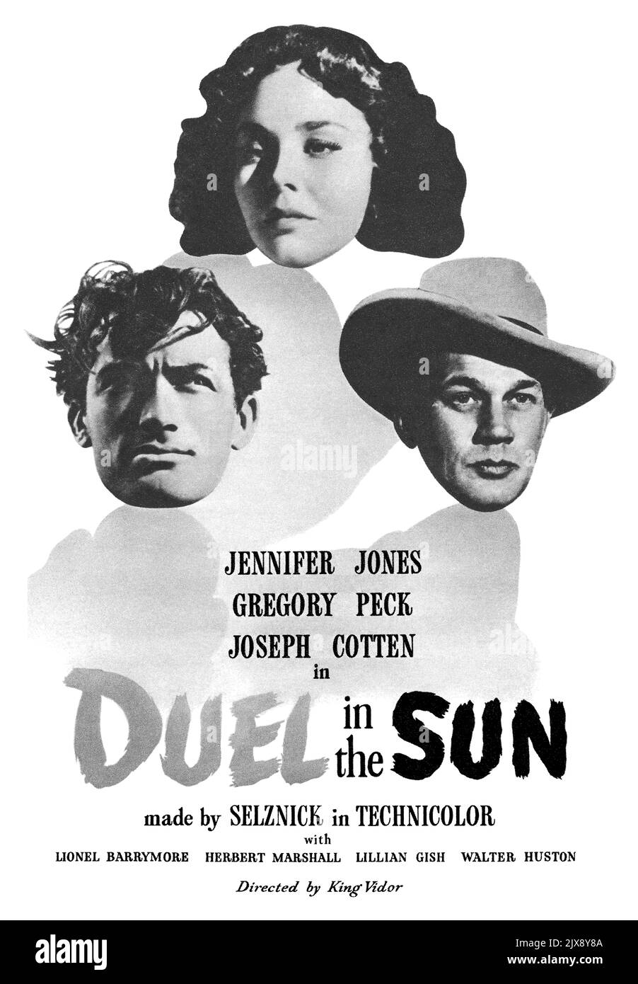 1947 britische Werbung für den Film Duel in the Sun mit Jennifer Jones, Gregory Peck und Joseph Cotten und Regie von King Vidor. Stockfoto
