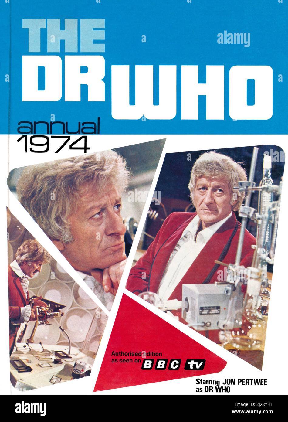 Frontcover eines Vintage Doctor Who, der jährlich ab 1974 kommt, mit Jon Pertwee als Zeitreisender. Stockfoto