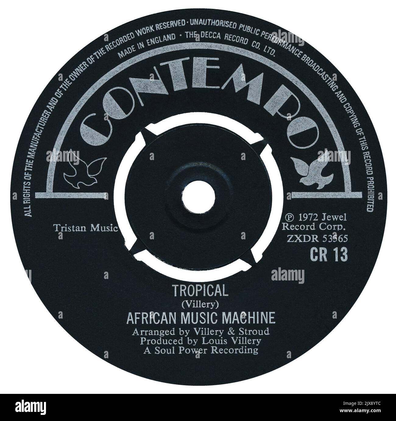 45 RPM 7' britisches Plattenlabel von Tropical von African Music Machine. Geschrieben und produziert von Louis Villery. Veröffentlicht auf dem Label Contempo im Juni 1973. Stockfoto