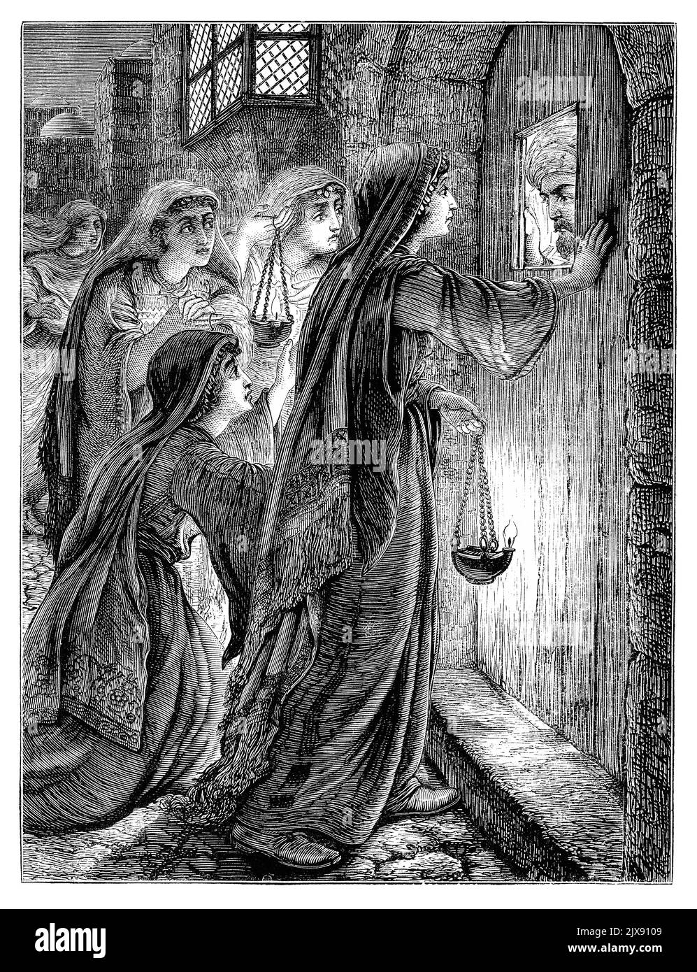 1872 viktorianischer Vintage-Stich des Gleichnisses von den zehn Jungfrauen (auch bekannt als das Gleichnis von den weisen und törichten Jungfrauen), der zeigt, dass den fünf törichten Jungfrauen die Aufnahme zum Bräutigam verweigert wurde. Stockfoto