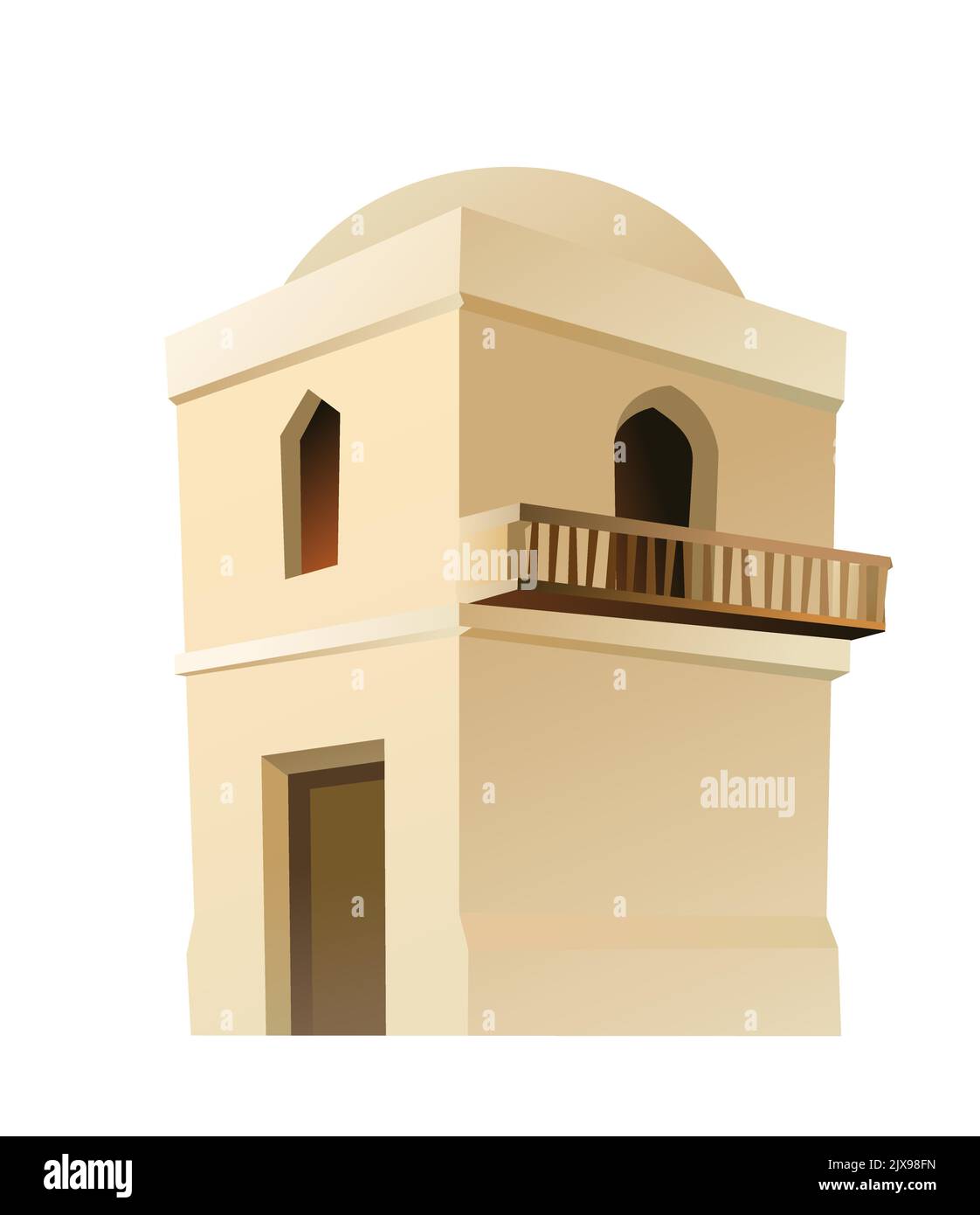 Arabische Lehmhütte mit Doppeldecker und Balkon. Adobe-Wohnung im Nahen Osten. Traditionelles Haus in Afrika und Asien. Isoliert auf weißem Hintergrund Vektor. Stock Vektor