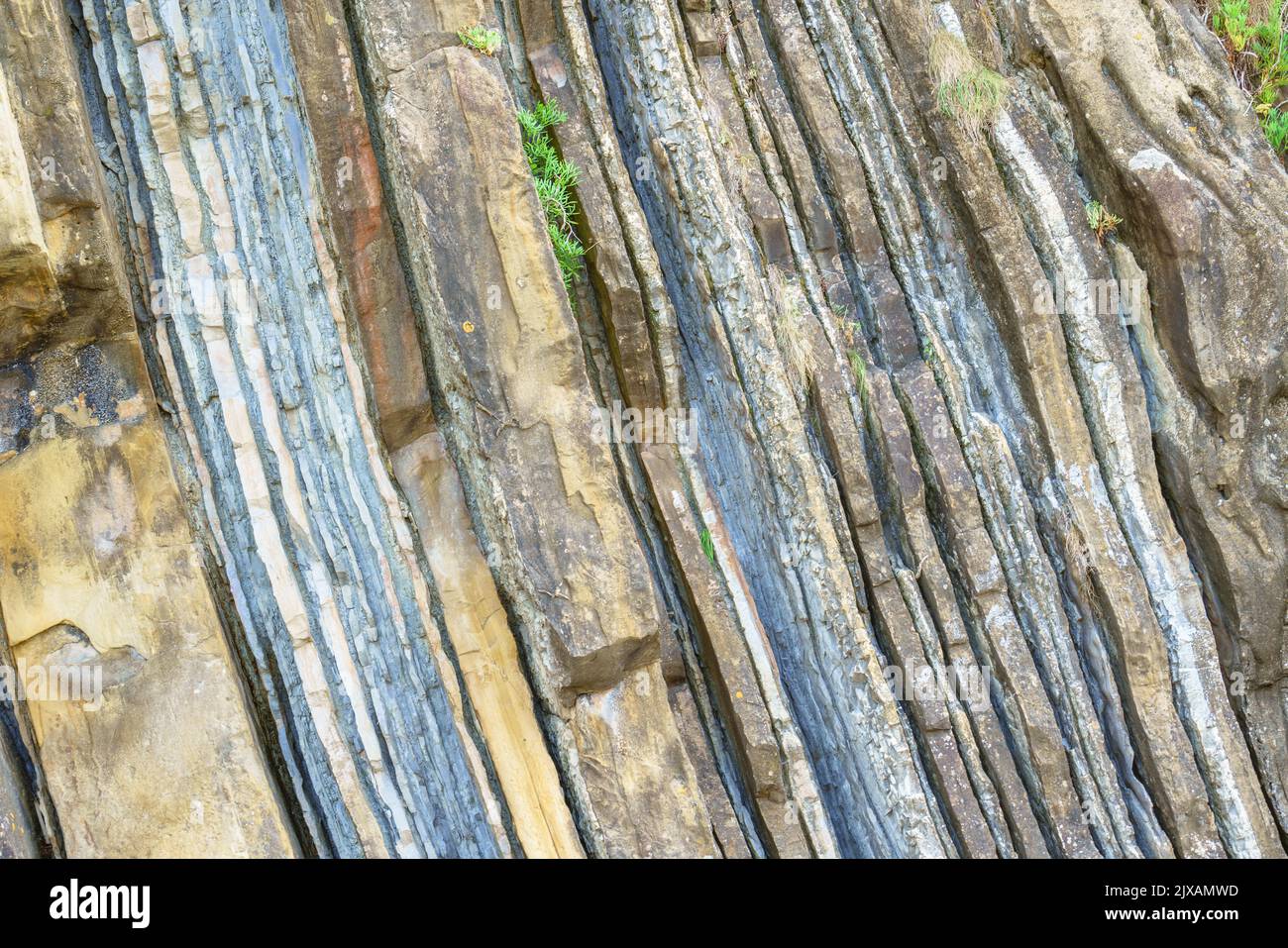 Verschiedene geologische Schichten, die einen Berg auf dem Berg Igeldo, San Sebastian, Spanien bilden, freigelegt Stockfoto