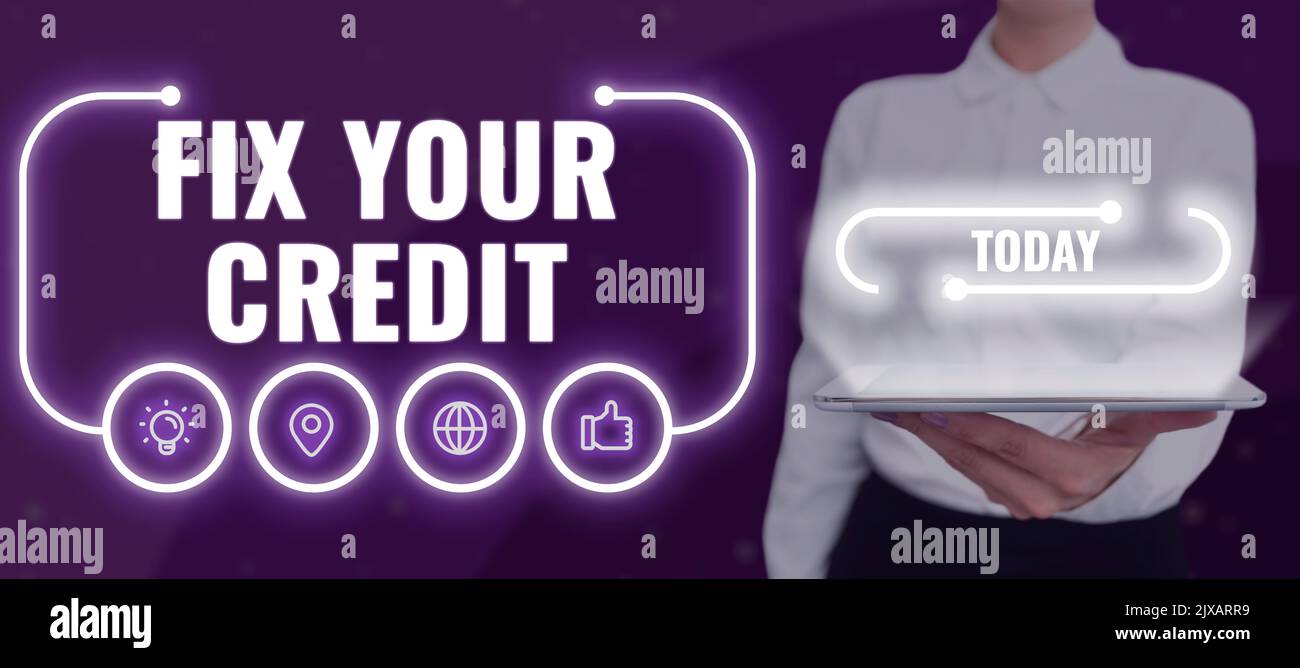 Textunterschrift Presenting Fix your CreditKeep balances low on credit cards and other credit. Business Showcase Halten Sie Guthaben niedrig auf Kreditkarten und Stockfoto
