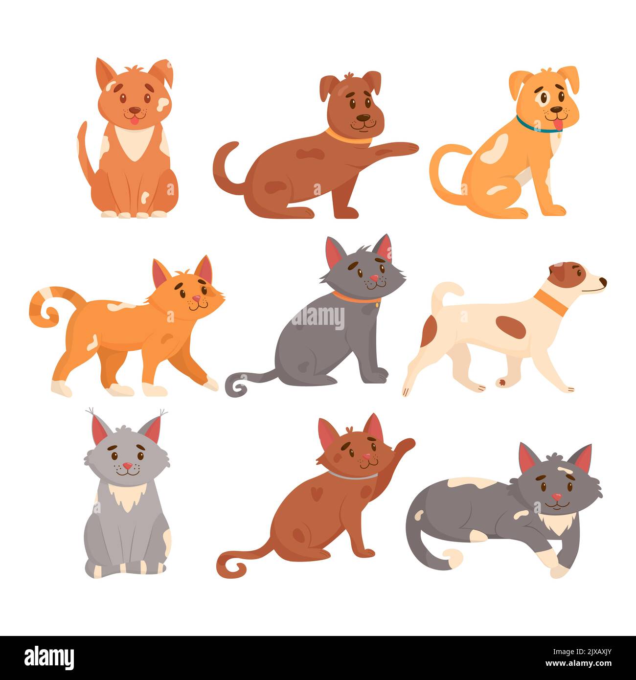 Set von niedlichen Hunden und Katzen in verschiedenen Posen. Lustige Hunde und Katzen isoliert auf weißem Hintergrund. Flache Vektorgrafik. Stock Vektor