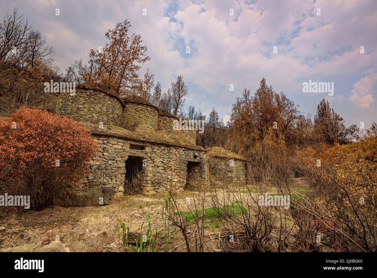 Tubs (Zinken auf katalanisch) und das Flequer-Tal nach dem Brand der Pont de Vilomara von 2022 im Naturpark Sant Llorenç del Munt i l'Obac Katalonien Spanien Stockfoto