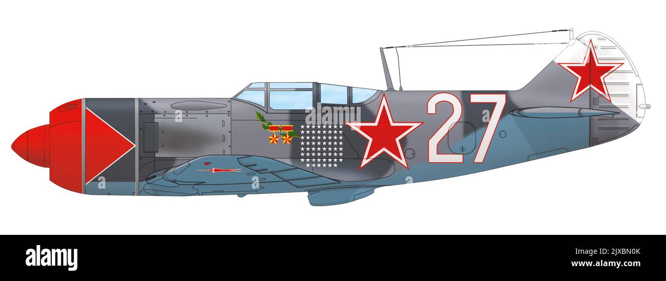 Lavochkin La-7 (Weiß 27), pilotiert von Ivan Nikitovich Kozhedub vom 176. Guards Fighter Aviation Regiment, 1945 Stockfoto
