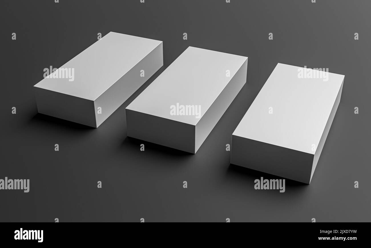 Abstraktes Design Hintergrund. Drei Kisten liegen auf einem dunklen Hintergrund. 3D Rendring Stockfoto