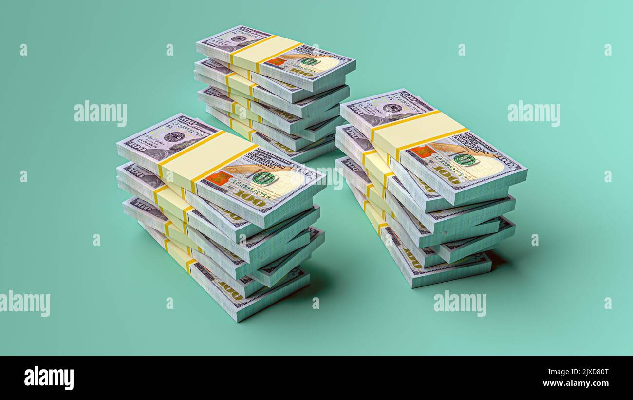Große Geldstapel aus Dollar. Konzept der US-Dollar-Finanzierung. 3D Rendern Stockfoto